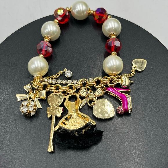 Betsey Johnson Pink Charm Pearl Crystal Dress High Heel Heart Lollipop Bracelet - Picture 6 of 8